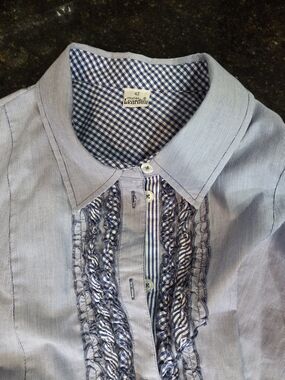 Lardini Blue and White Striped Blouse with Gingham Collar